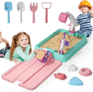 Play, Toddler Outdoor Indoor Toys for Boys Girls Ages 3  (Pink) Sandbox with Lid, Kids Construction Sand Box with Excavator, Crane, vas instinctive kitchen saline Molds for Sensory 