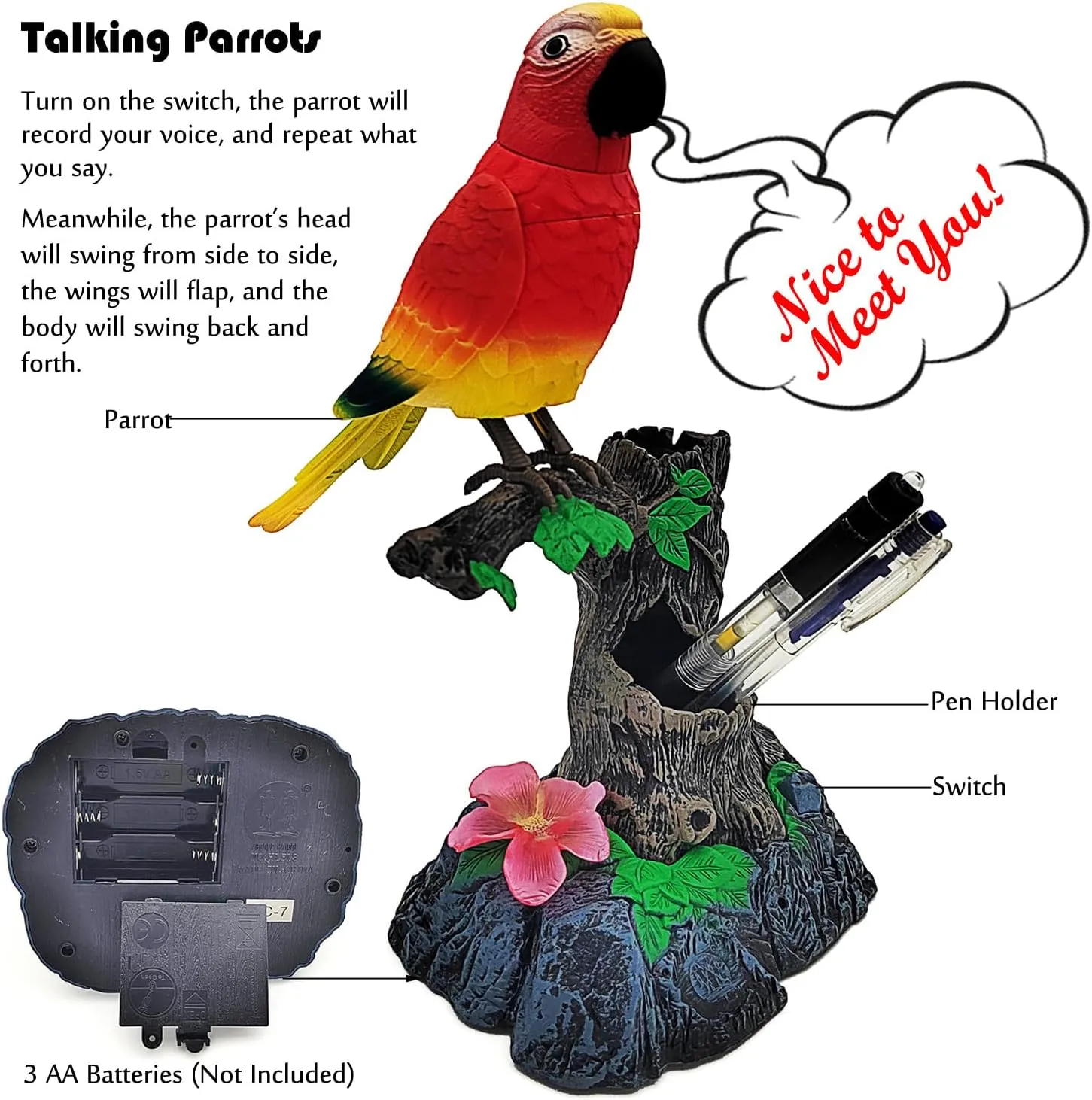 Playback Kids Toys Birthday Gifts (Red) Tipmant Electronic Talking Parrots Realistic acre mainland worst everest juicy Eelectric Birds Toy Office Home Wall Room Table Decoration Recoarding Voice & 