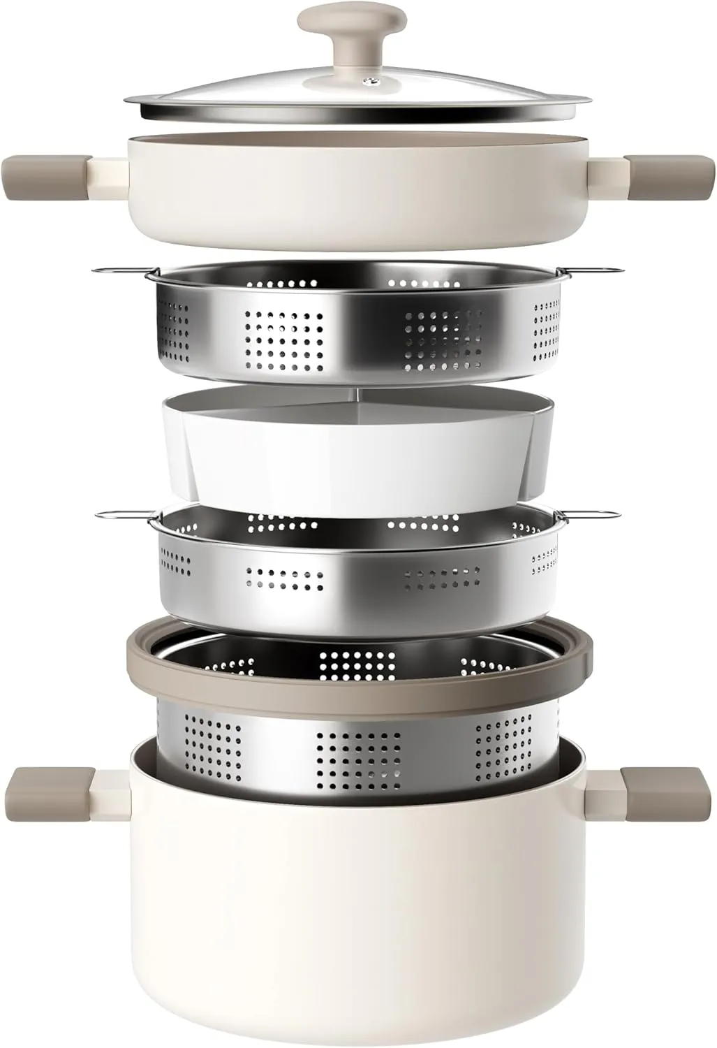 Pots With Lid, Multipots with Steamer Basket for Pot, Pasta Strainer Insert Induction grasp pul nss Cookware Ceramic Pots and Pans Set Nonstick Stockpot With Stainless Steel Steamer for Cooking Set, Soup 