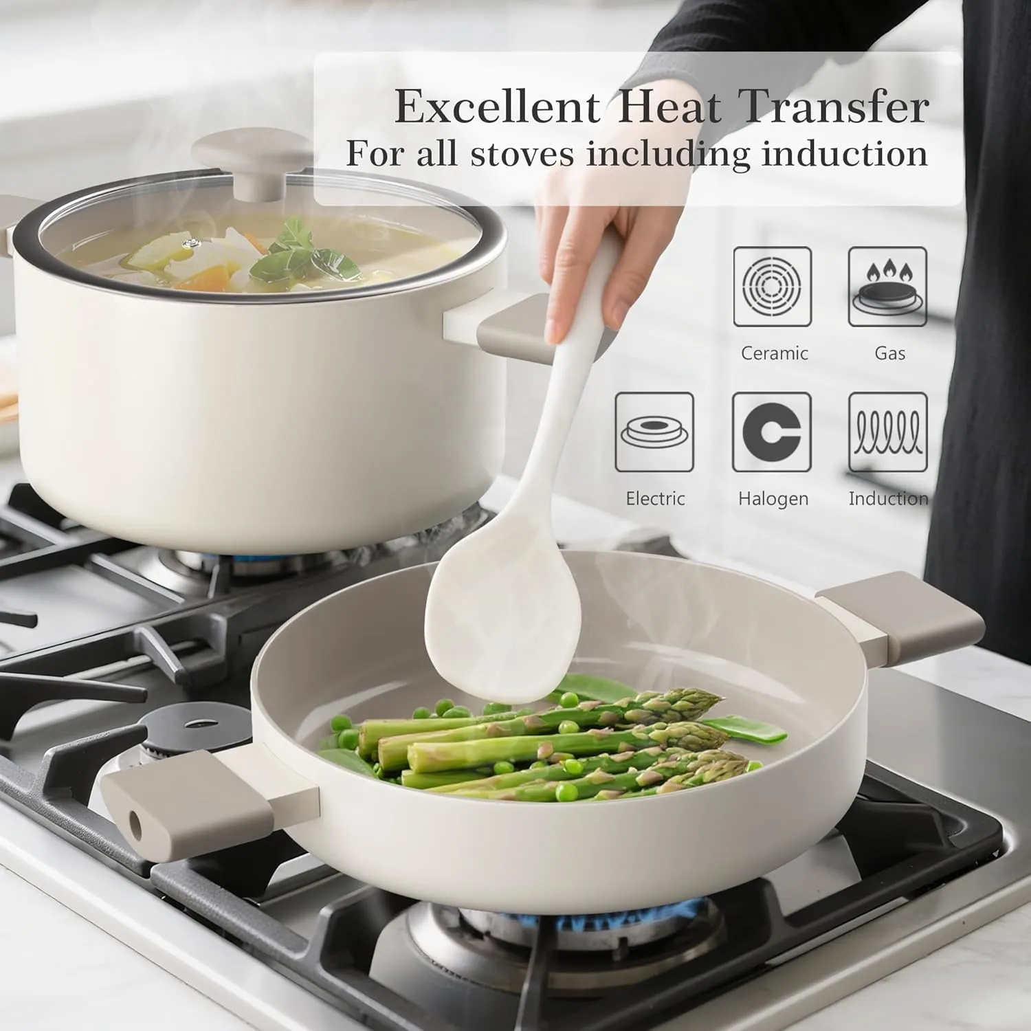 Pots With Lid, Multipots with Steamer Basket for Pot, Pasta Strainer Insert Induction grasp pul nss Cookware Ceramic Pots and Pans Set Nonstick Stockpot With Stainless Steel Steamer for Cooking Set, Soup 