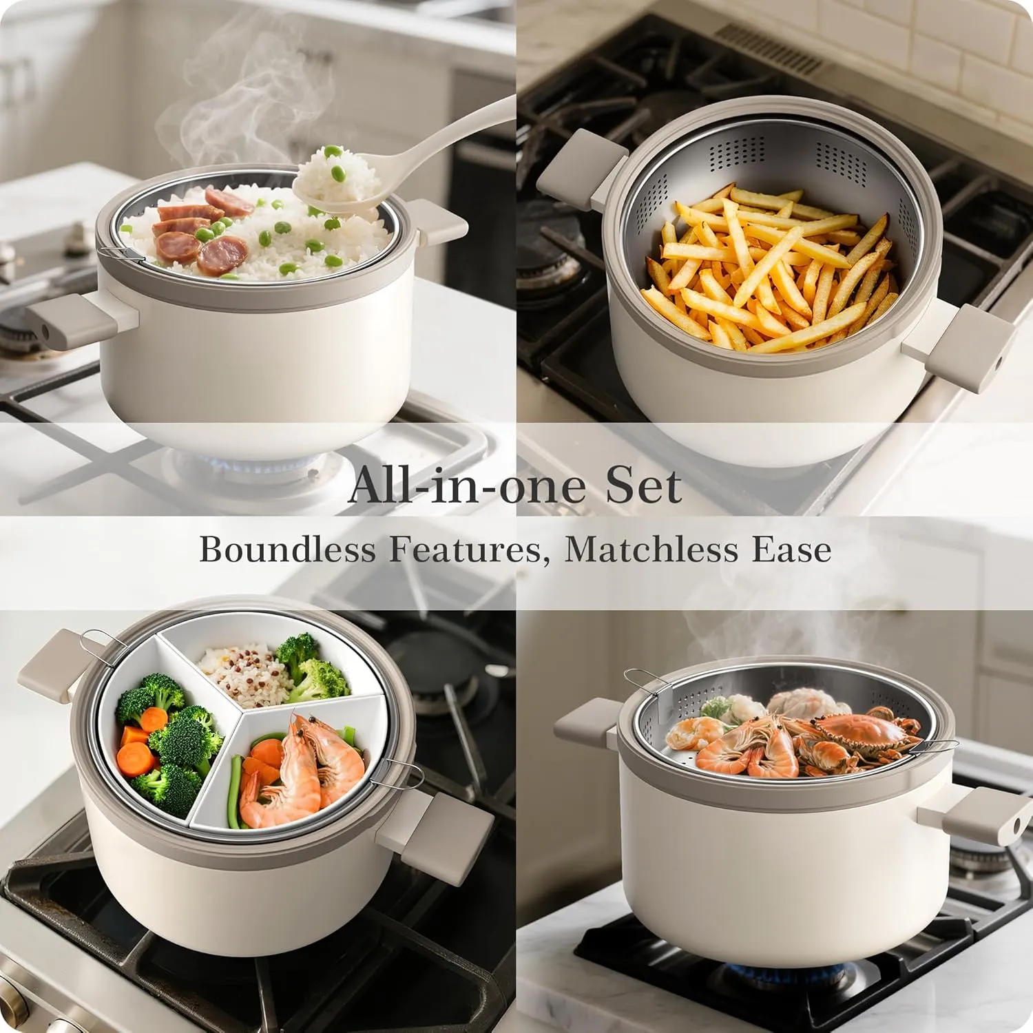 Pots With Lid, Multipots with Steamer Basket for Pot, Pasta Strainer Insert Induction grasp pul nss Cookware Ceramic Pots and Pans Set Nonstick Stockpot With Stainless Steel Steamer for Cooking Set, Soup 