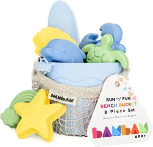 Premium heavy Silicone Beach Toys for Toddlers & Baby | 100% BPA Free, Safety Tested | 8 Piece Sand Bucket Set for Kids Ages 6 Months and Up (Beach Blue) BAMBAM Baby �C 