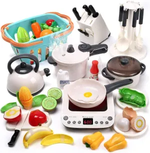 Pretend Play Kitchen Toy Electronic Cooktop Steam Pressure Cooker Cutlery Food