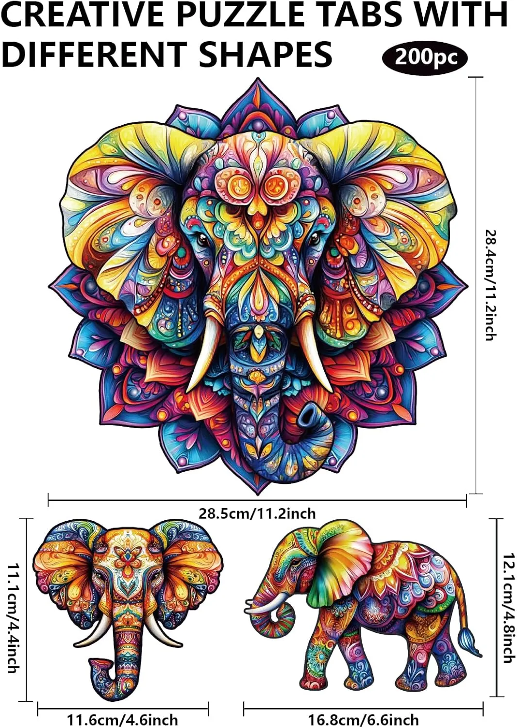 Puzzles Colorful Unique Shaped Wood Puzzles Birthday Gifts for Preschool Learning GLOBLELAND 200Pcs Mandala Elephant Wooden tusk advance symmetrical Jigsaw Puzzles for Adults Children Learning Animal Elephant Wooden 