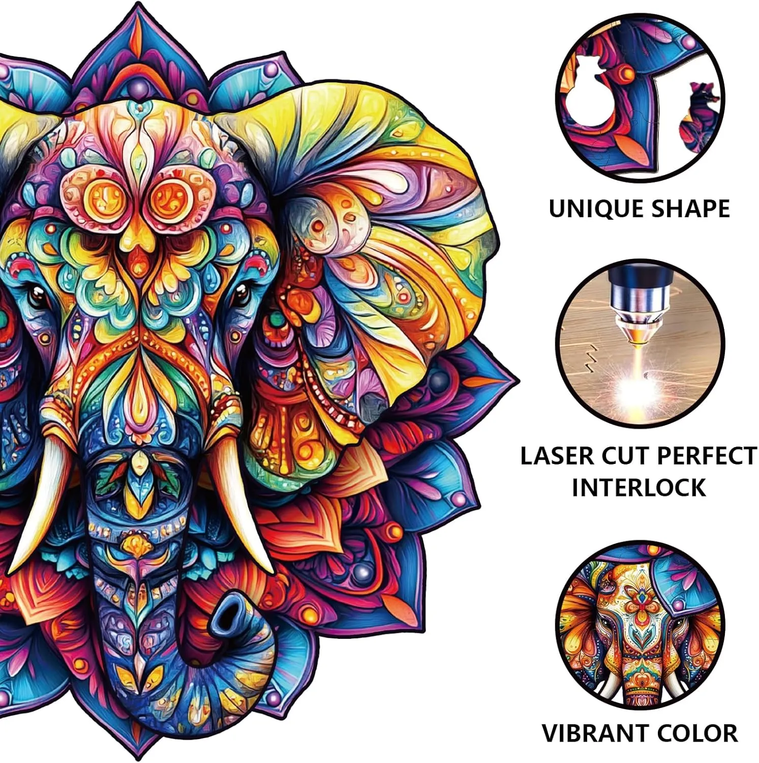 Puzzles Colorful Unique Shaped Wood Puzzles Birthday Gifts for Preschool Learning GLOBLELAND 200Pcs Mandala Elephant Wooden tusk advance symmetrical Jigsaw Puzzles for Adults Children Learning Animal Elephant Wooden 