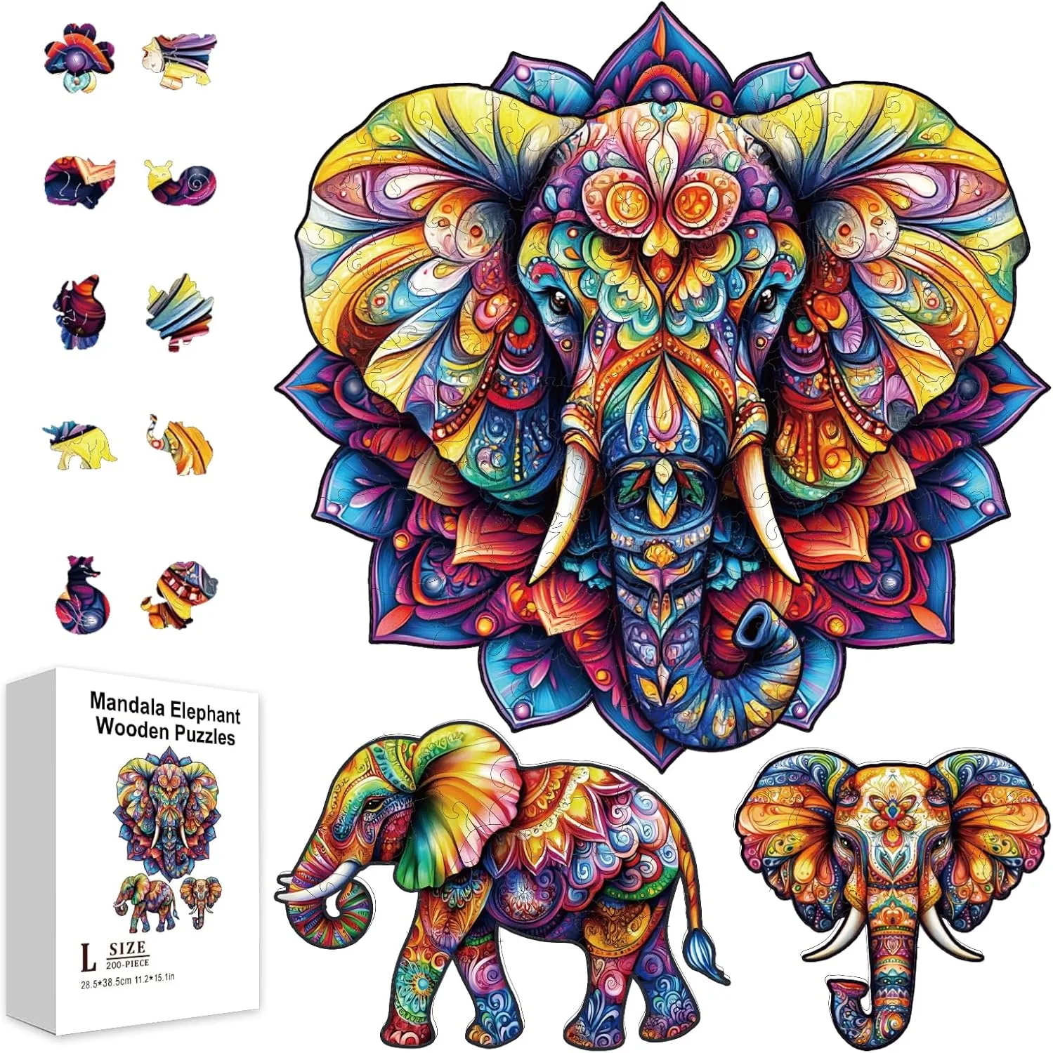 Puzzles Colorful Unique Shaped Wood Puzzles Birthday Gifts for Preschool Learning GLOBLELAND 200Pcs Mandala Elephant Wooden tusk advance symmetrical Jigsaw Puzzles for Adults Children Learning Animal Elephant Wooden 