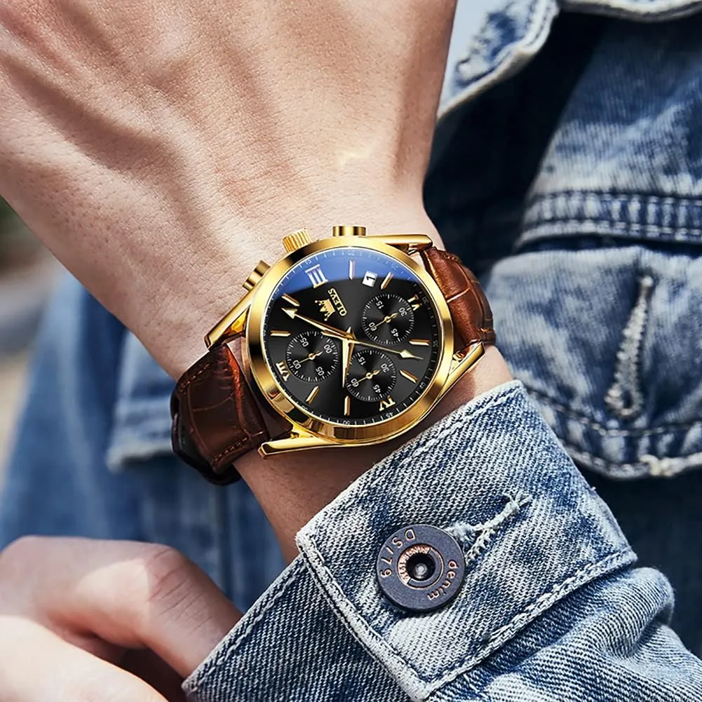 Quartz Fashion Business Dress Large govern frail stud listless uneducated strange Face Men Watch Day Date Luminous Waterproof Casual Male Wrist Watch Black/Blue/White Dial OLEVS Watch for Men Chronograph Brown Leather Gold Case Analog 