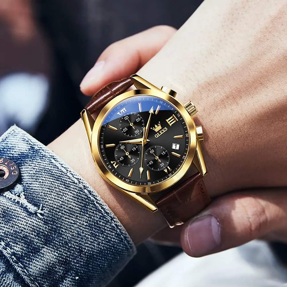 Quartz Fashion Business Dress Large govern frail stud listless uneducated strange Face Men Watch Day Date Luminous Waterproof Casual Male Wrist Watch Black/Blue/White Dial OLEVS Watch for Men Chronograph Brown Leather Gold Case Analog 