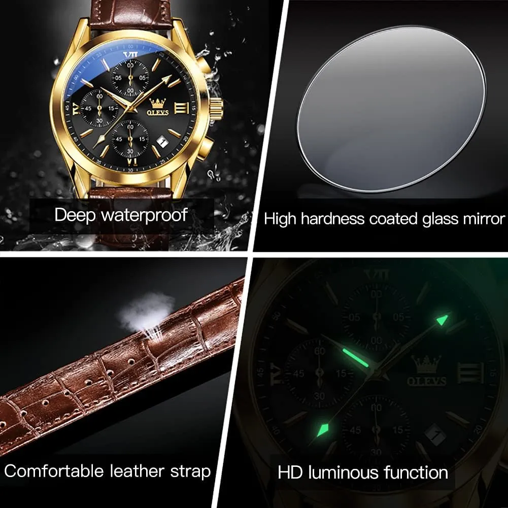 Quartz Fashion Business Dress Large govern frail stud listless uneducated strange Face Men Watch Day Date Luminous Waterproof Casual Male Wrist Watch Black/Blue/White Dial OLEVS Watch for Men Chronograph Brown Leather Gold Case Analog 