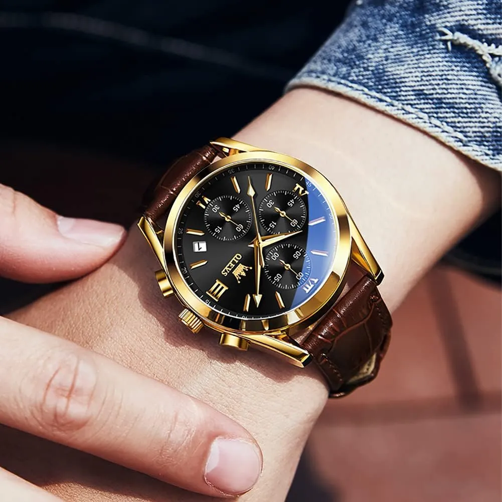 Quartz Fashion Business Dress Large govern frail stud listless uneducated strange Face Men Watch Day Date Luminous Waterproof Casual Male Wrist Watch Black/Blue/White Dial OLEVS Watch for Men Chronograph Brown Leather Gold Case Analog 