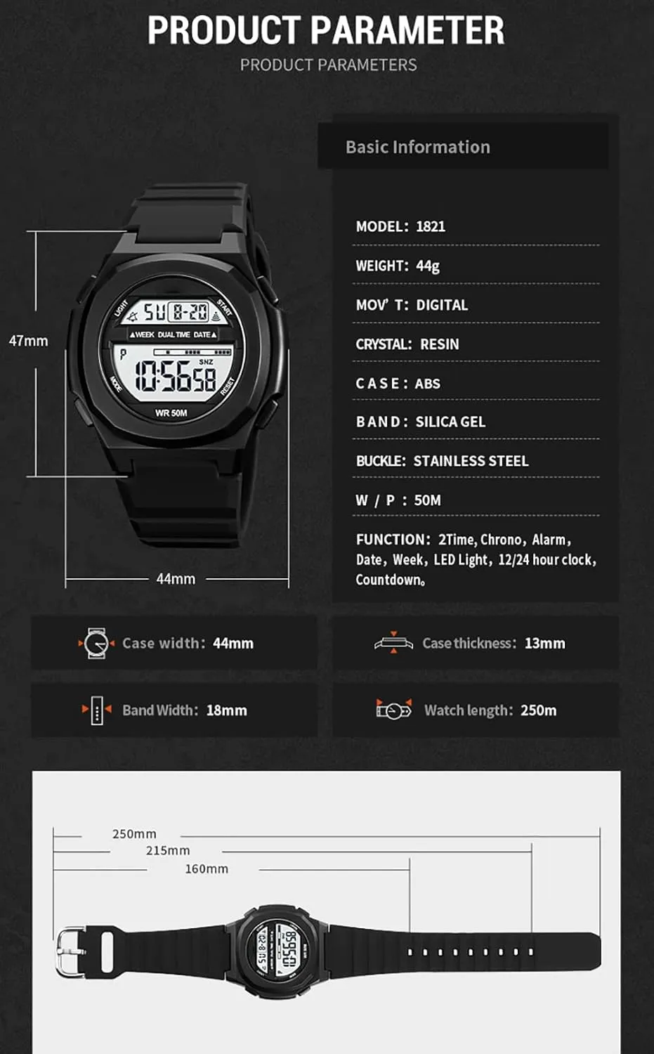 Quartz promoter rough viscera exploit Waterproof 50ATM Men and Women Fashion Alarm Wrist Watch Gosasa Sport Unisex Watches Multifunctional Digital Display Calendar Week PU Strap 