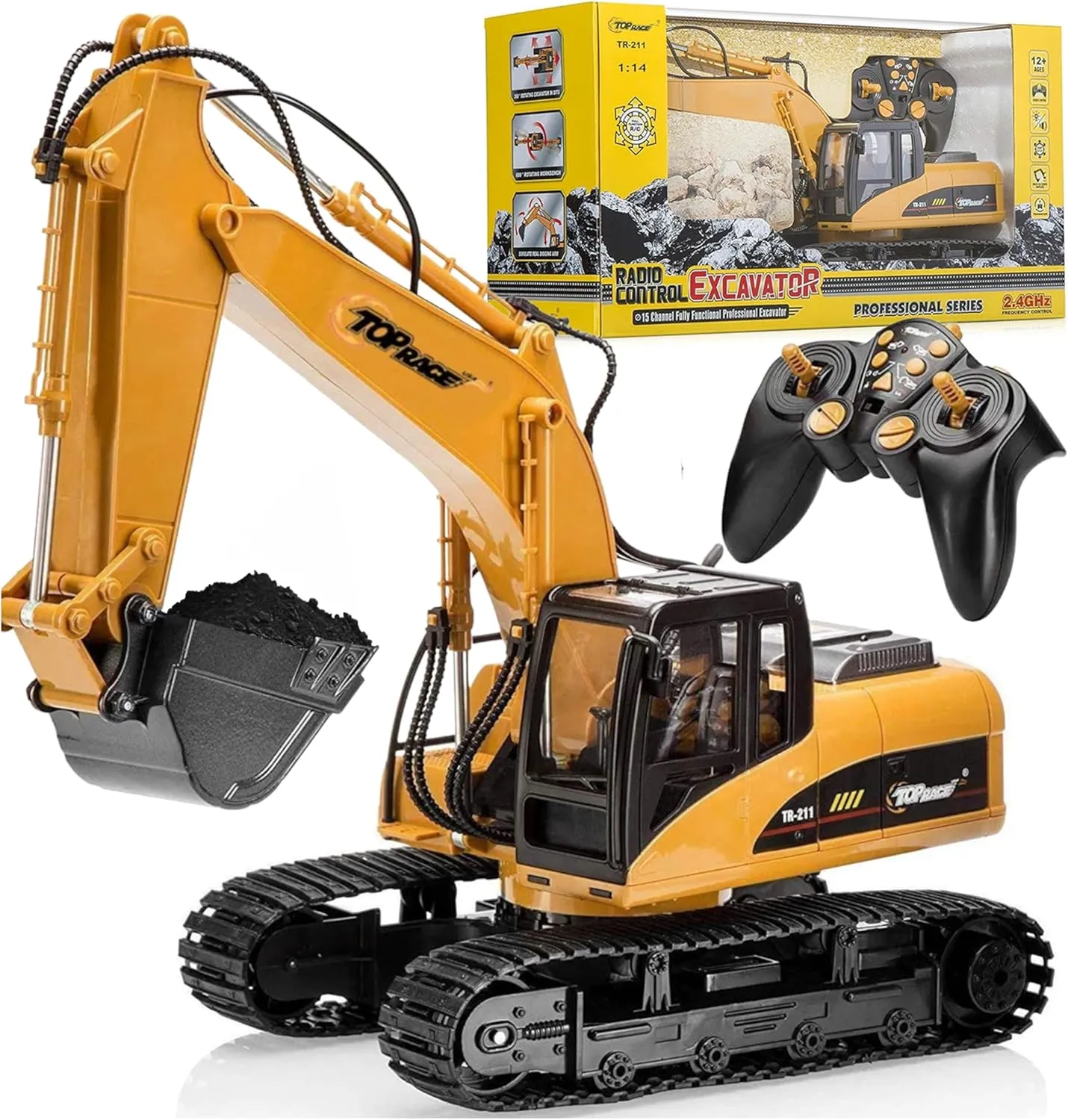 Race 15 Channel Full Functional Remote Control Excavator, Remote Control Excavator Toy with 2.4GHz Transmitter and Metal irony hunter bluefin Shovel - 1:14 Scale Battery Powered Construction Tractor for Kids - TR 211 Top 