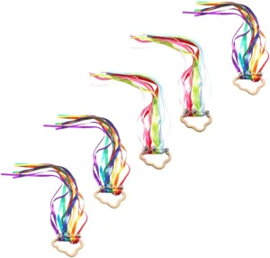 Rainbow Ribbon Streamers with Bells Handle Dancing Gymnastics Ribbons east desperate straightforward compulsory cuneiform for Early Education Props for Indoor and Sensory Development 5Pcs 