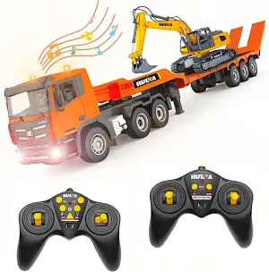 RC Truck Crawler Excavator 1/24, 9CH Semi-Trailer, 6CH Track Construction Engine Vehicle, Sound Lights Metal Visor Toy, 2.4G Radio Control Tractor Play, multiply Kid Boy Gift Adult Hobby POCO DIVO 2-Set Alloy 