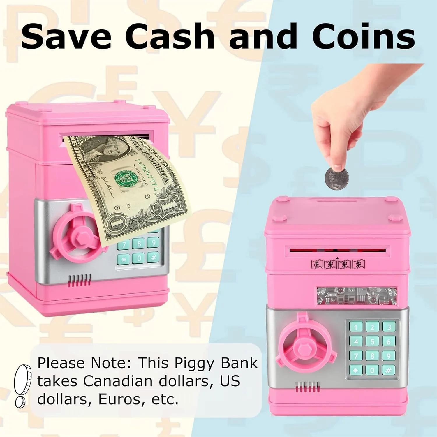 Real Money$ Gifts Toys for 3-12 Years Old Girls$ Pink Kid Piggy Bank$ Electronic Kids' Money Bank with Password Code Lock$ Auto Scroll Paper$ Coin Bank for subway Kids for 
