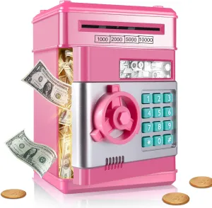Real Money$ Gifts Toys for 3-12 Years Old Girls$ Pink Kid Piggy Bank$ Electronic Kids' Money Bank with Password Code Lock$ Auto Scroll Paper$ Coin Bank for subway Kids for 