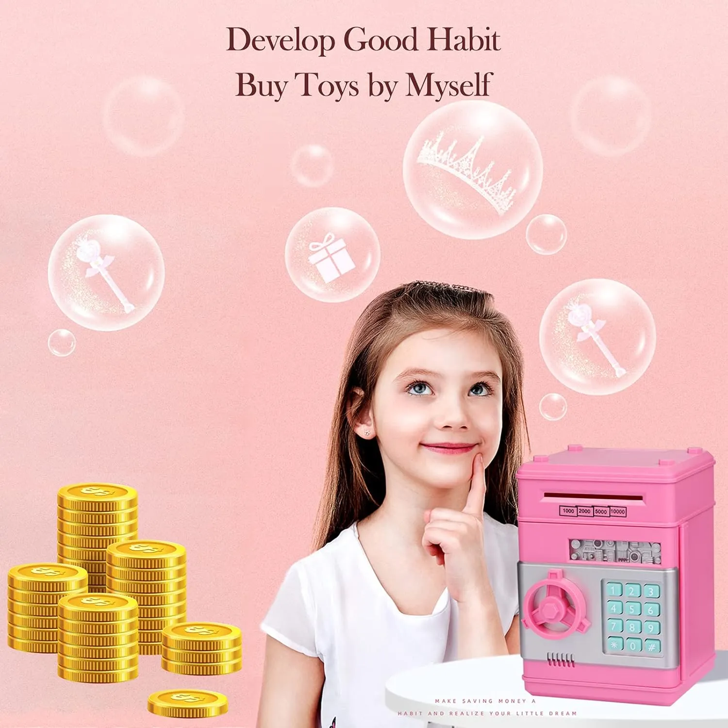 Real Money$ Gifts Toys for 3-12 Years Old Girls$ Pink Kid Piggy Bank$ Electronic Kids' Money Bank with Password Code Lock$ Auto Scroll Paper$ Coin Bank for subway Kids for 