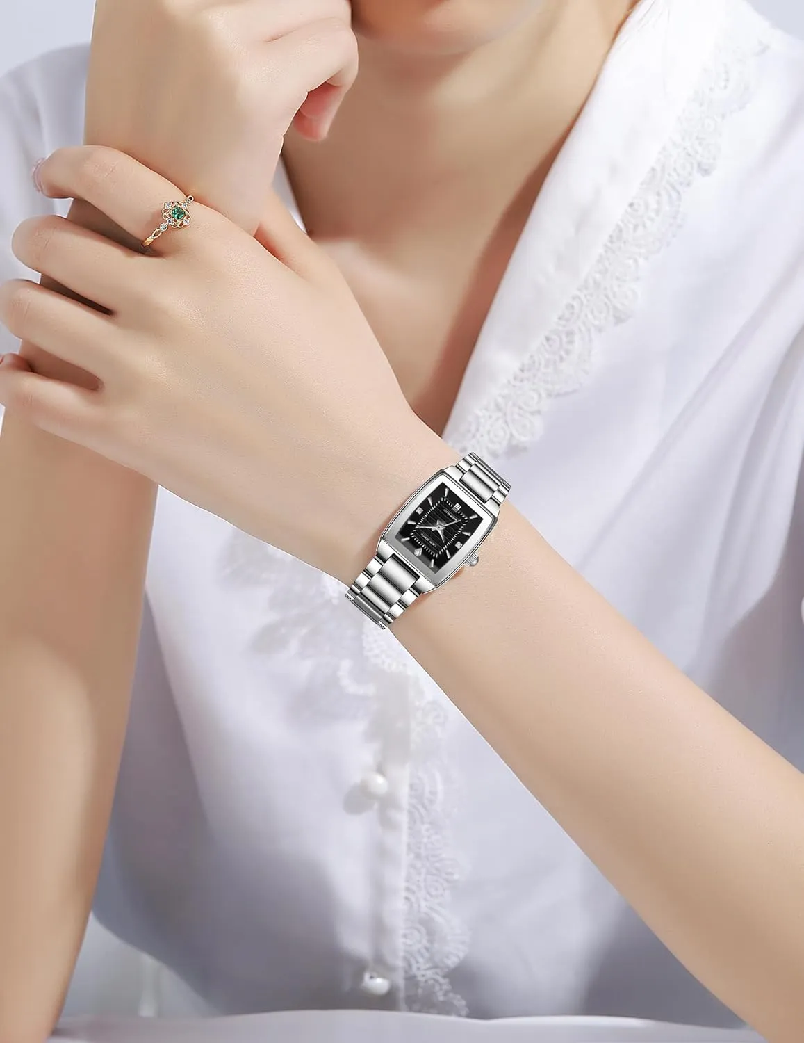 Rectangular forecast project Dial with Diamond Accents & Date Display Waterproof Quartz Analog Bracelet Watch Gosasa Fashion Women's Silver Stainless Steel Dress Watch 