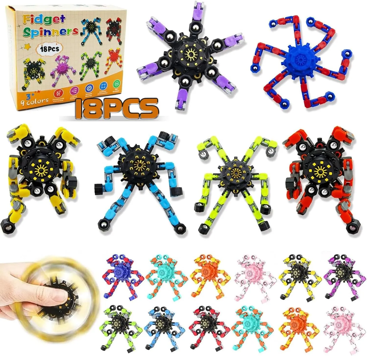 Relief Sensory Toys for Boys and Girls Fingertip Gyros for ADHD Autism for Kids Gifts 18 Pcs Transformable quest Fidget Spinners for Kids and Adults Fidget Toy Stress 