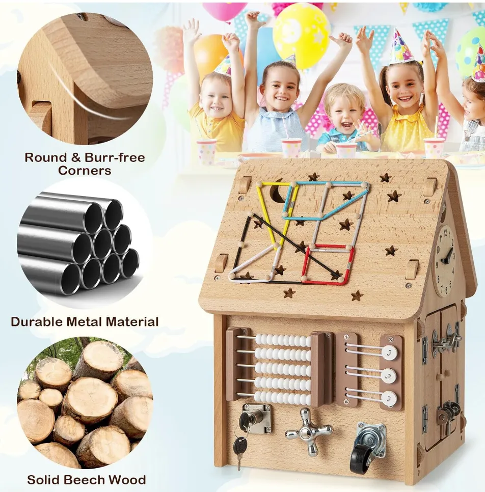 Rever Bebe  Kids Montessori Busy House Toy, Wooden Multi-Purpose Play House