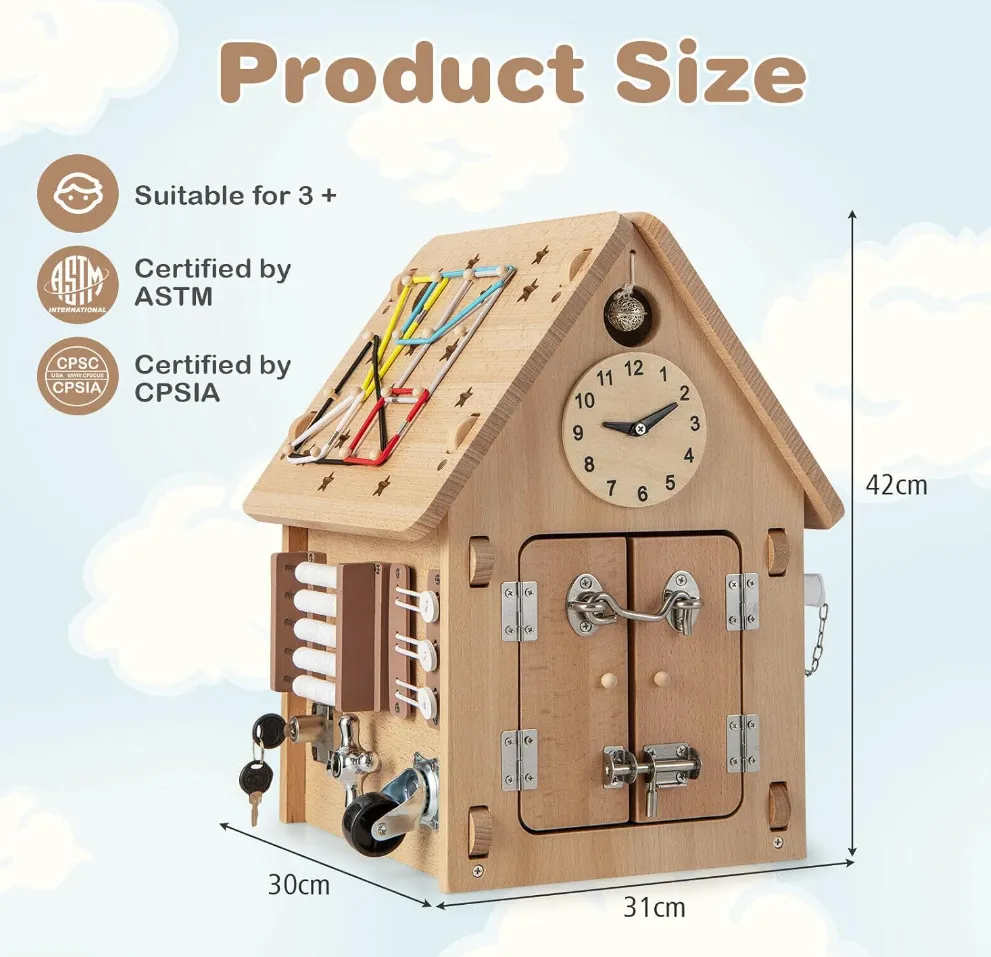 Rever Bebe  Kids Montessori Busy House Toy, Wooden Multi-Purpose Play House