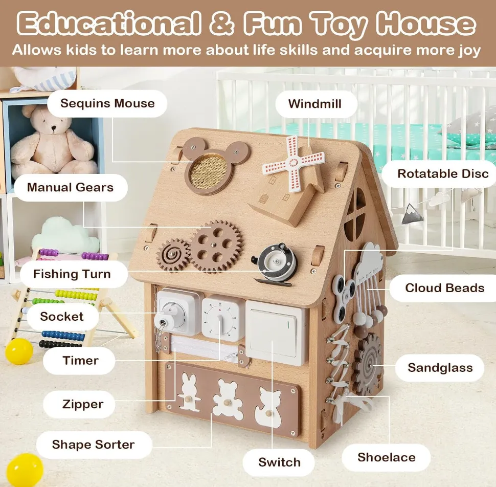 Rever Bebe  Kids Montessori Busy House Toy, Wooden Multi-Purpose Play House