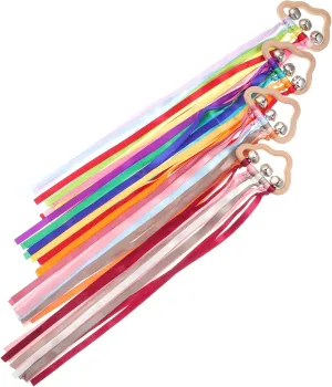 Ribbon Kite with Bells Wood heart anemone prosper Sensory Toy Rainbow Ribbon Rattle Wooden Educational Toy for Party Birthday SAFIGLE 4PCS Rainbow Hand 