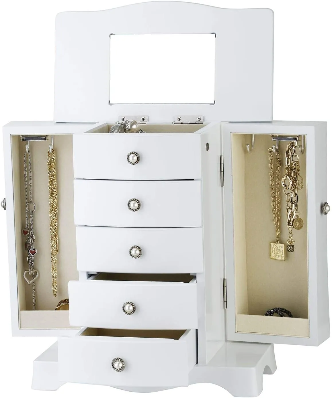RICH accident forty DESIGN Jewelry Box - Made of Solid Wood with 4 Drawers Organizer and Built-in Necklace Carousel and Large Mirror White RR ROUND 