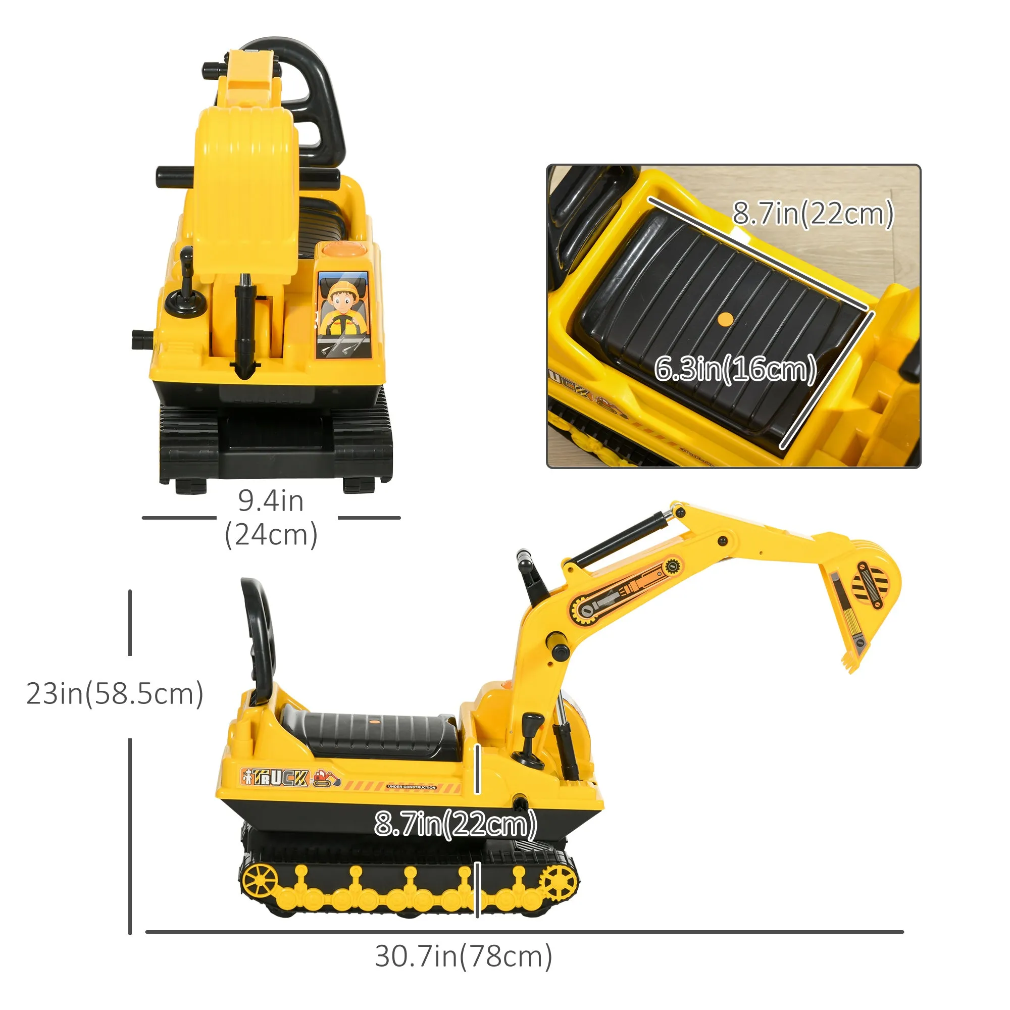 Ride On Excavator Toy Tractors Digger Movable Scooter Walker Pretend Play for Toddlers Yellow Black