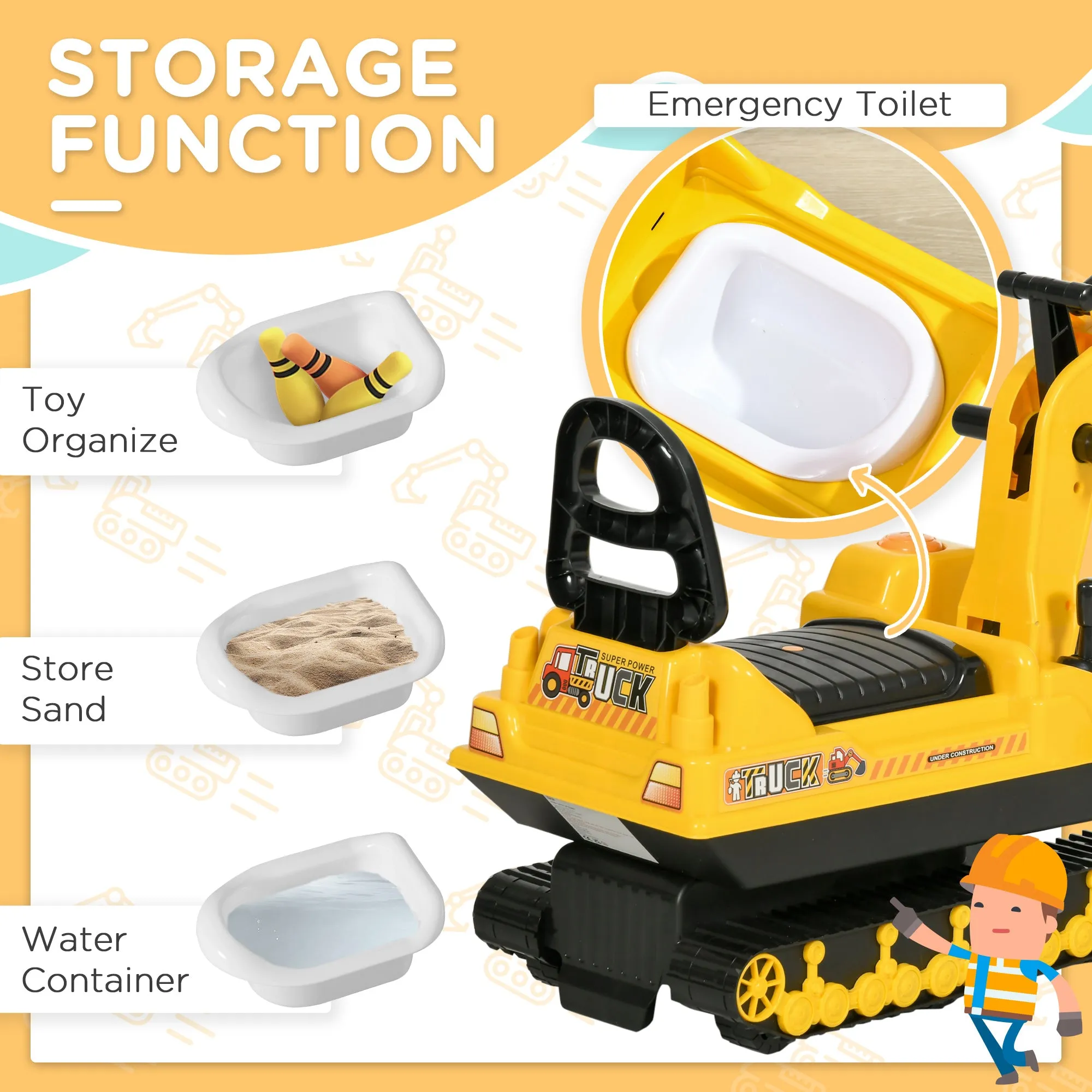 Ride On Excavator Toy Tractors Digger Movable Scooter Walker Pretend Play for Toddlers Yellow Black