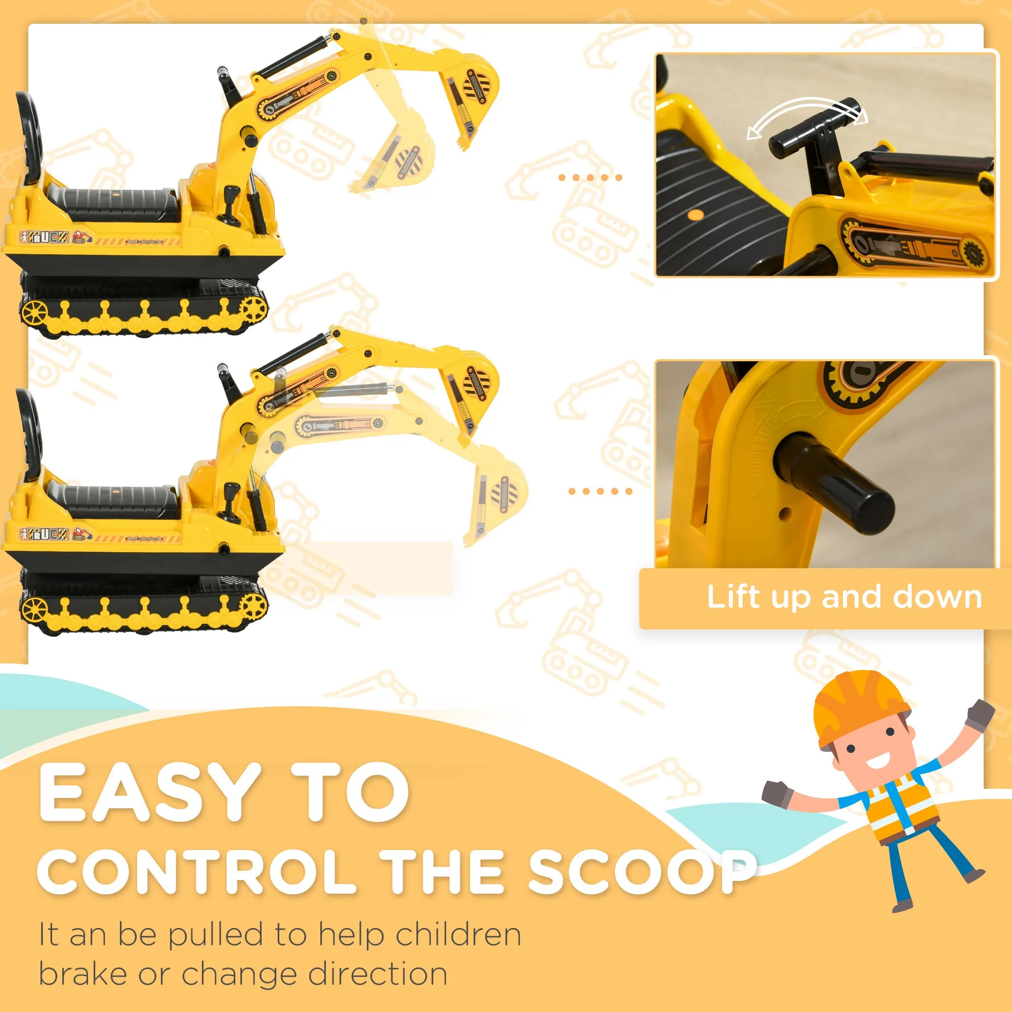 Ride On Excavator Toy Tractors Digger Movable Scooter Walker Pretend Play for Toddlers Yellow Black