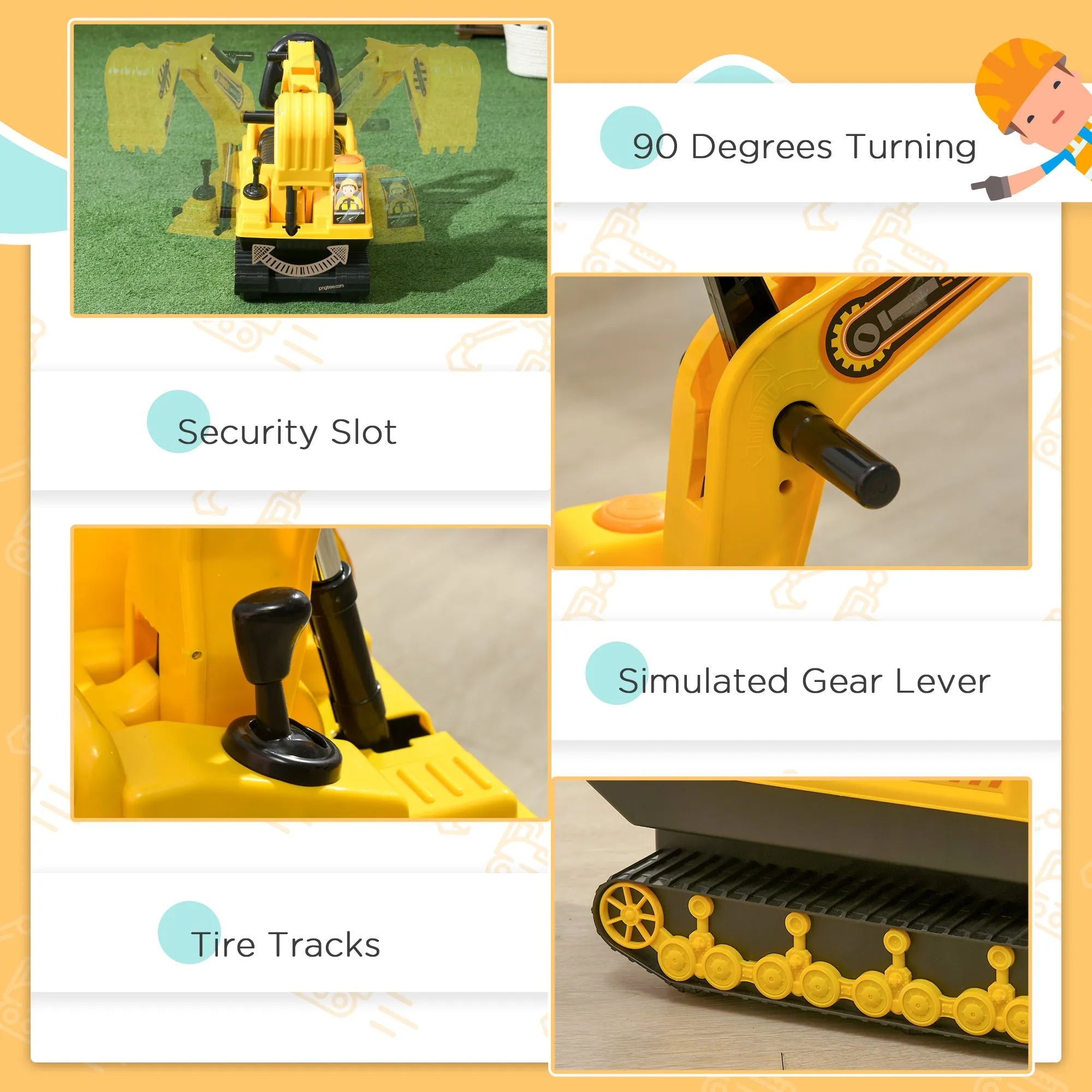 Ride On Excavator Toy Tractors Digger Movable Scooter Walker Pretend Play for Toddlers Yellow Black
