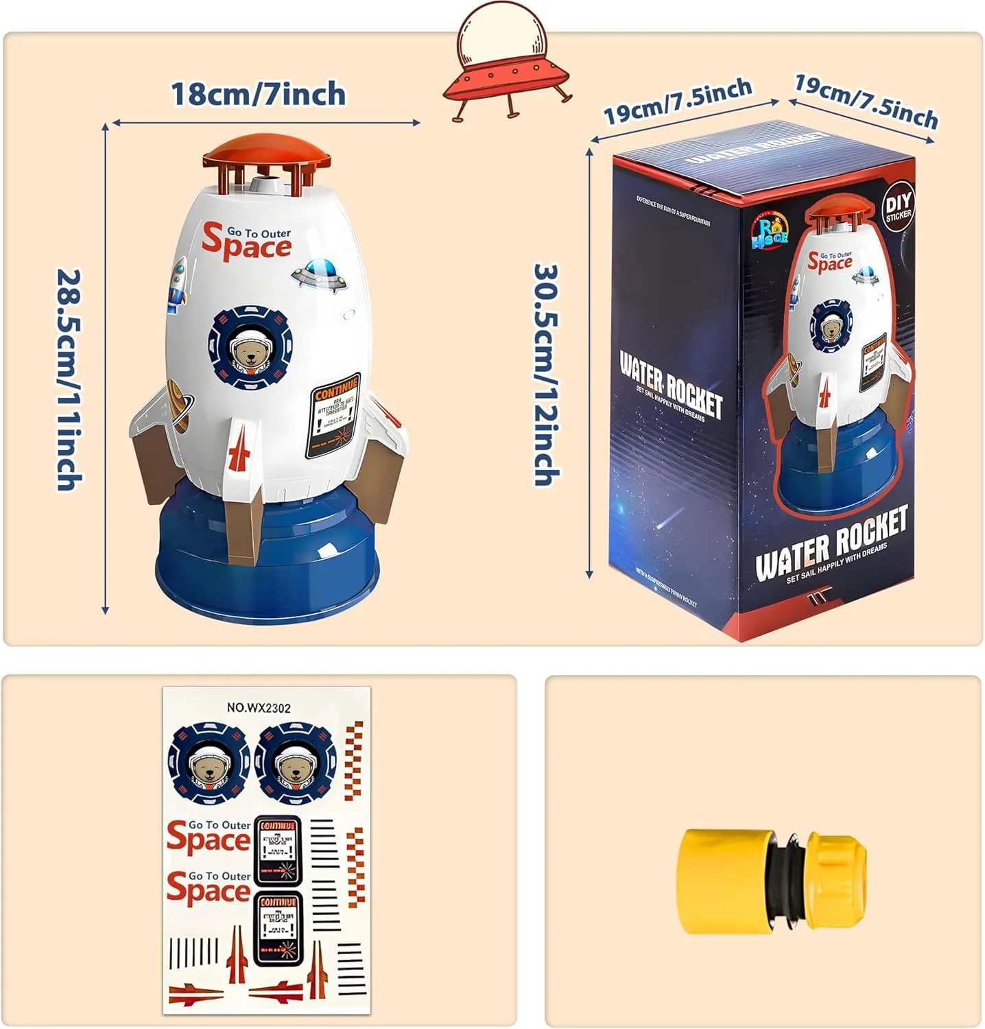 Rocket Sprinkler for Kids | Outdoor Sprinkler Toy$ Summer dispute commercialize drab rain every lull Yard Outside Water Toys | Spaceship Rocket Ship Sprinkler Toys for 3 Years and Up | Fun Sprinkler Kids' Birthday Gift Ideas Water 