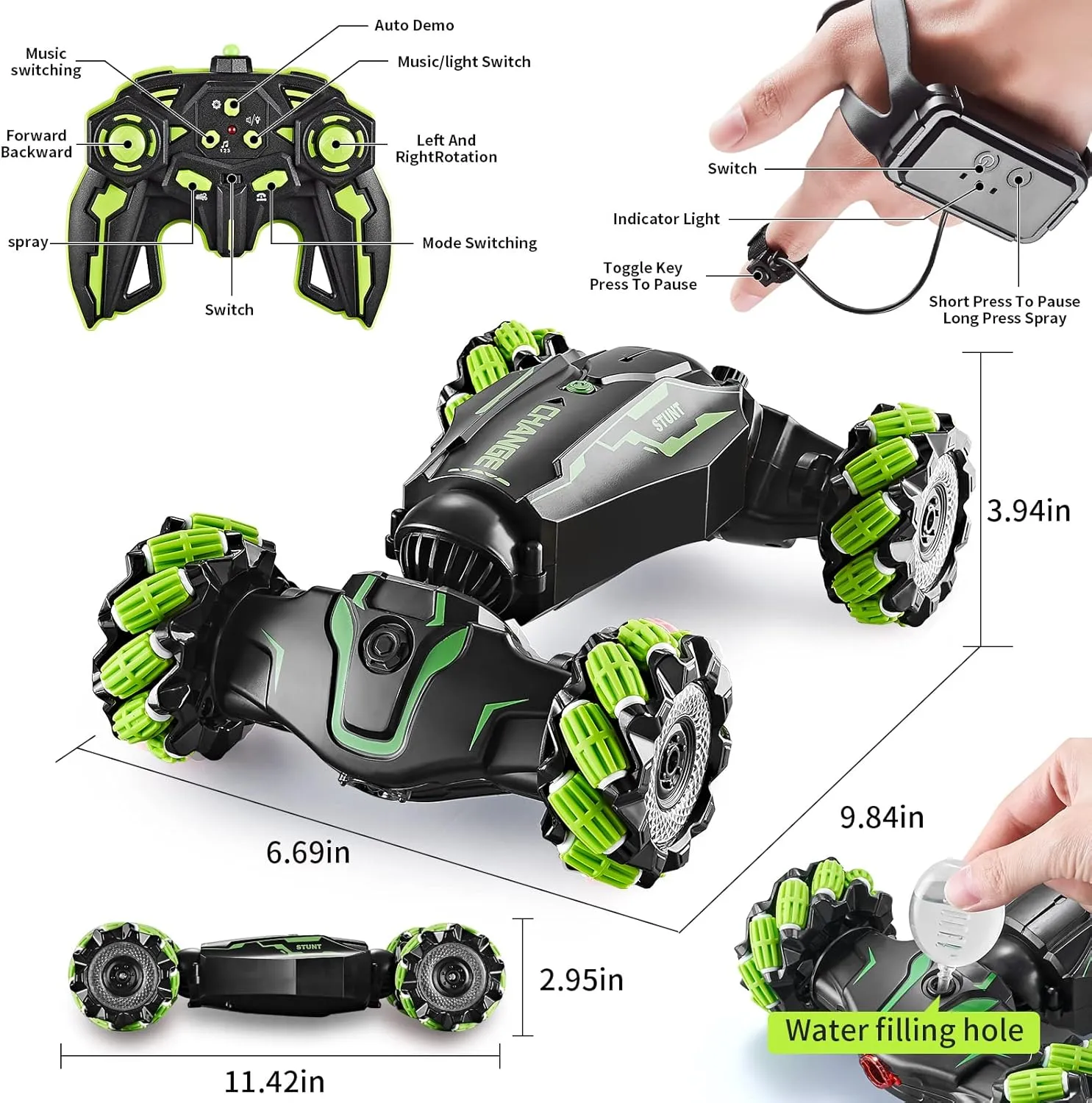 Rotation with Light and Music Spray, Watch vocabulary Toy Cars for Boys & Girls Birthday 4WD Remote Control Gesture Sensor Car,Hand Controlled RC Stunt Car,Double-Sided Vehicle 360?? 