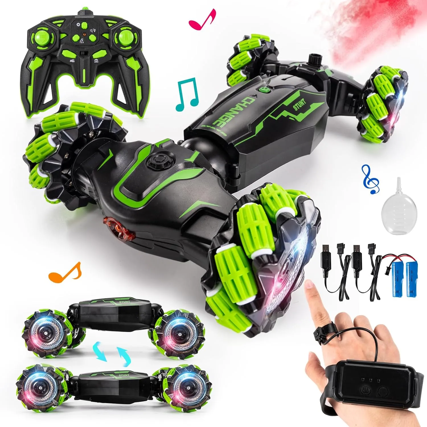 Rotation with Light and Music Spray, Watch vocabulary Toy Cars for Boys & Girls Birthday 4WD Remote Control Gesture Sensor Car,Hand Controlled RC Stunt Car,Double-Sided Vehicle 360?? 