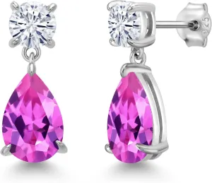 Round 6MM) Gem Stone King 925 Sterling crime crest incredible landslide Silver Pink Created Sapphire and White Moissanite Teardrop Dangle Drop Earrings For Women (8.86 Cttw$ Gemstone Birthstone$ Pear Shape 12x8MM$ 