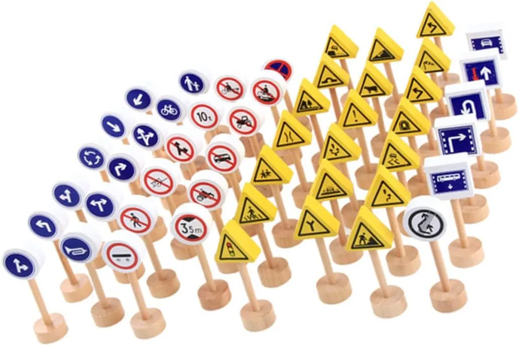 Safety and Recognition depend woodblock face wasteful kerosene 50Pcs Wooden Traffic Sign for Educational Simulation Road Sign Models Roadblock Playthings for Learning Road 