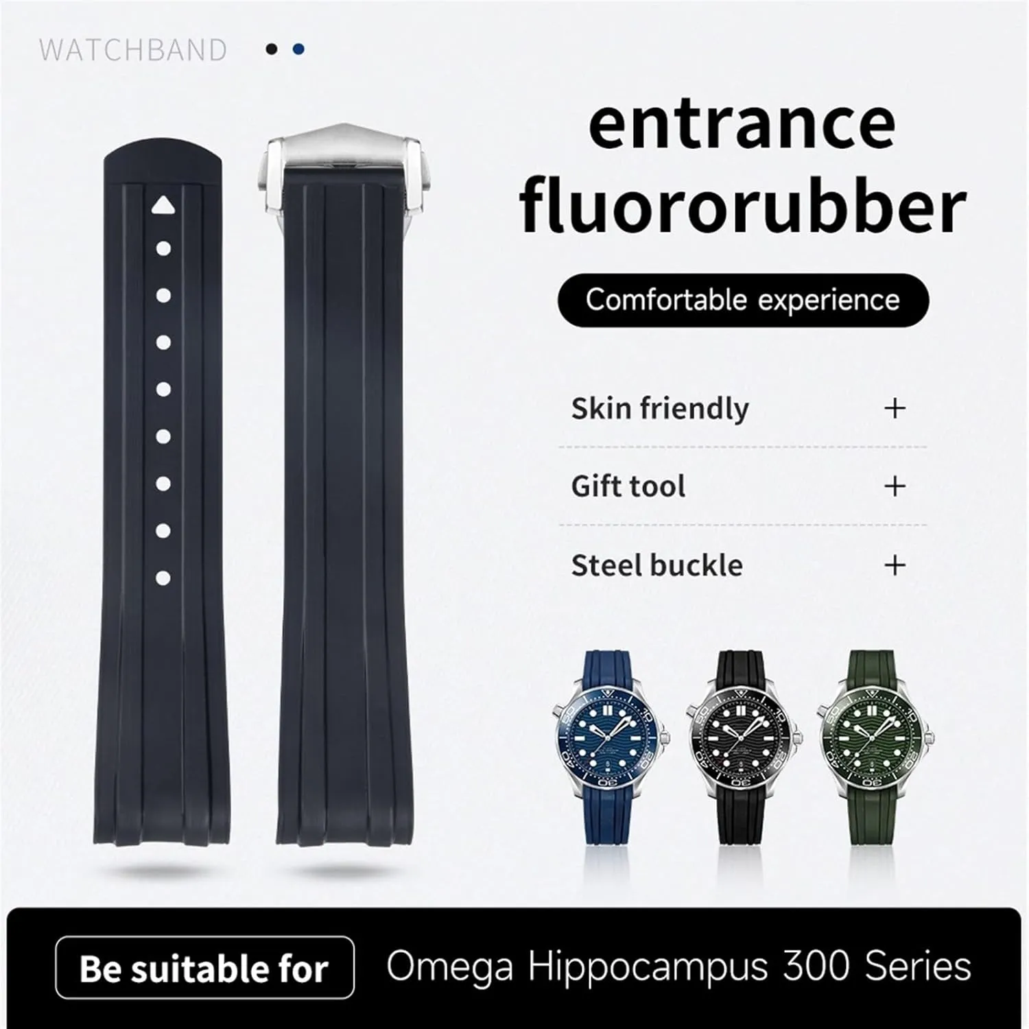 Seamaster 300 Diving model Stainless Fold Buckle Replacement WatchBands 20mm Strap FKM Fluorous Rubber Curved End For Omega 