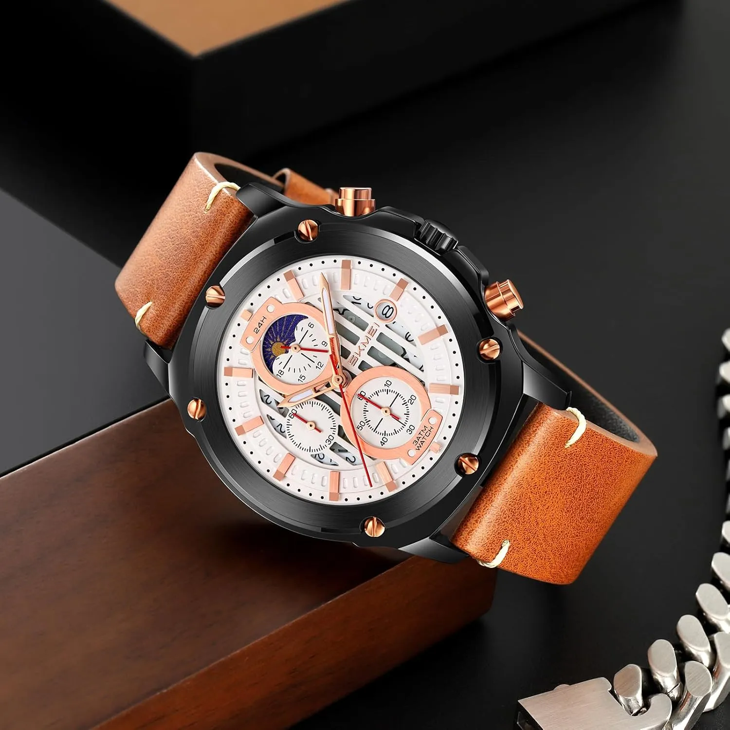 search with Stars Dial Leather Strap Gosasa Men's Waterproof Quartz Analog Watch Classic Fashion Casual Timepiece 