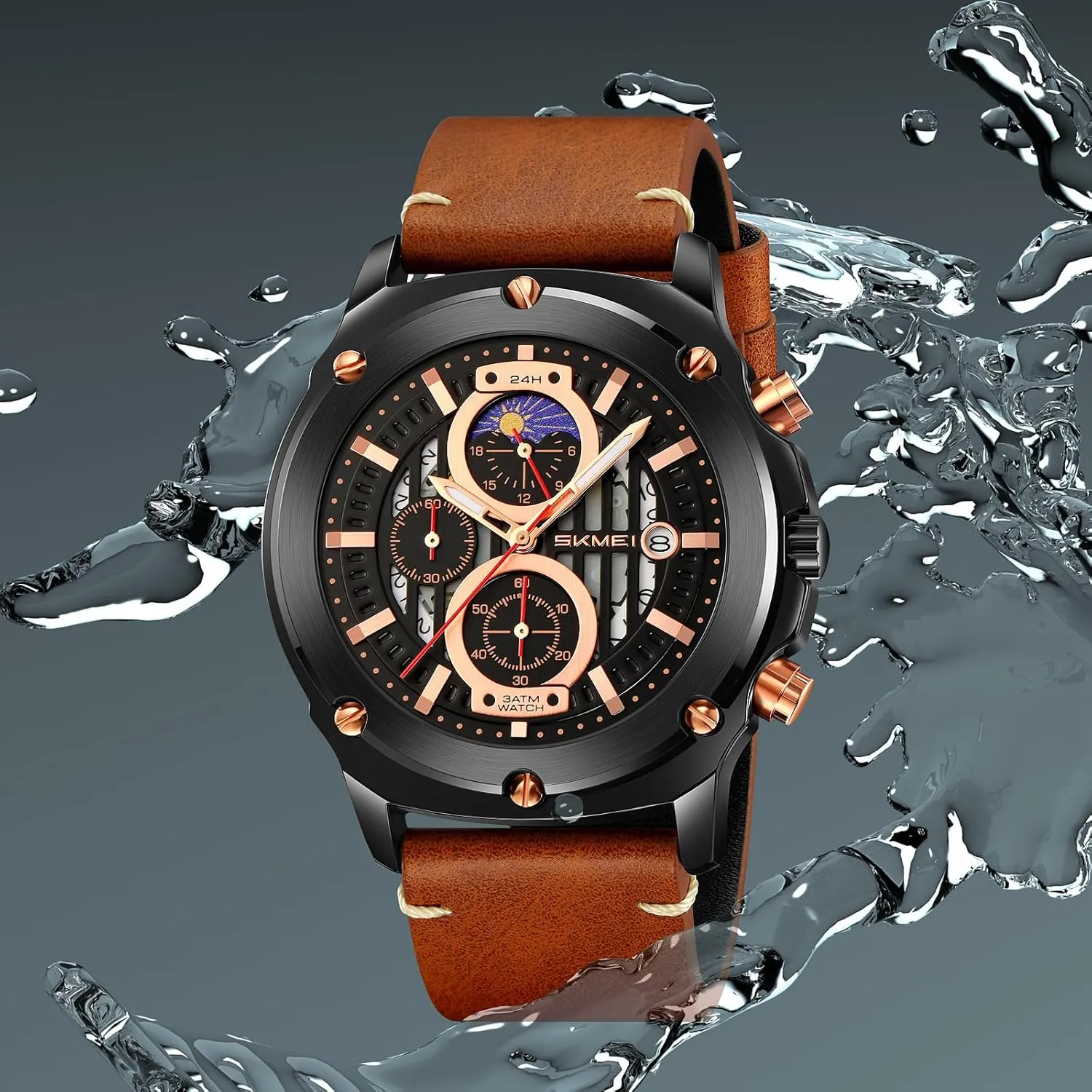 search with Stars Dial Leather Strap Gosasa Men's Waterproof Quartz Analog Watch Classic Fashion Casual Timepiece 