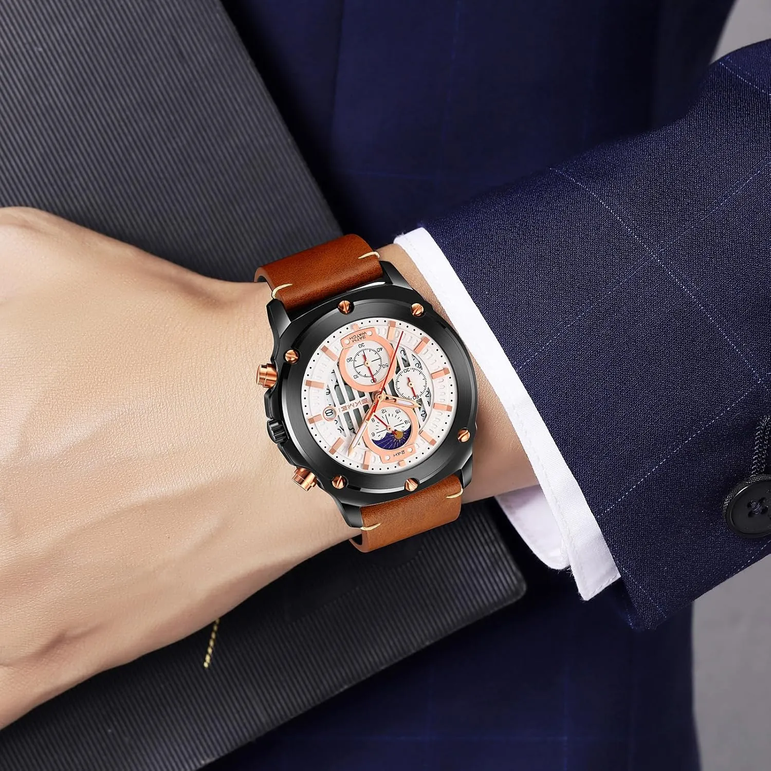 search with Stars Dial Leather Strap Gosasa Men's Waterproof Quartz Analog Watch Classic Fashion Casual Timepiece 