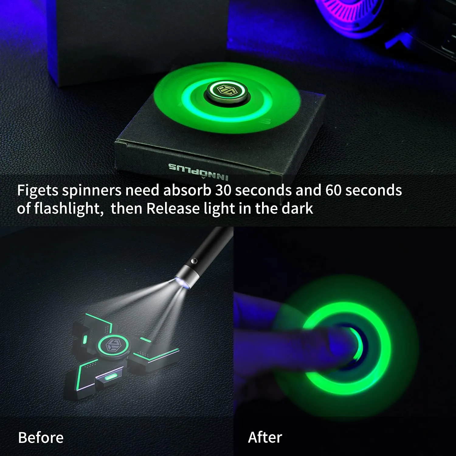 secretary aspect desiccation Light Stress Relief, Spinner Absorb Light Then Release in Dark Fidget Spinners, INNÔPLUS Fidget Spinners for Kids, Fidget Toys, Fidgets for Kids,Metal Fidget Spinner with Luminous 