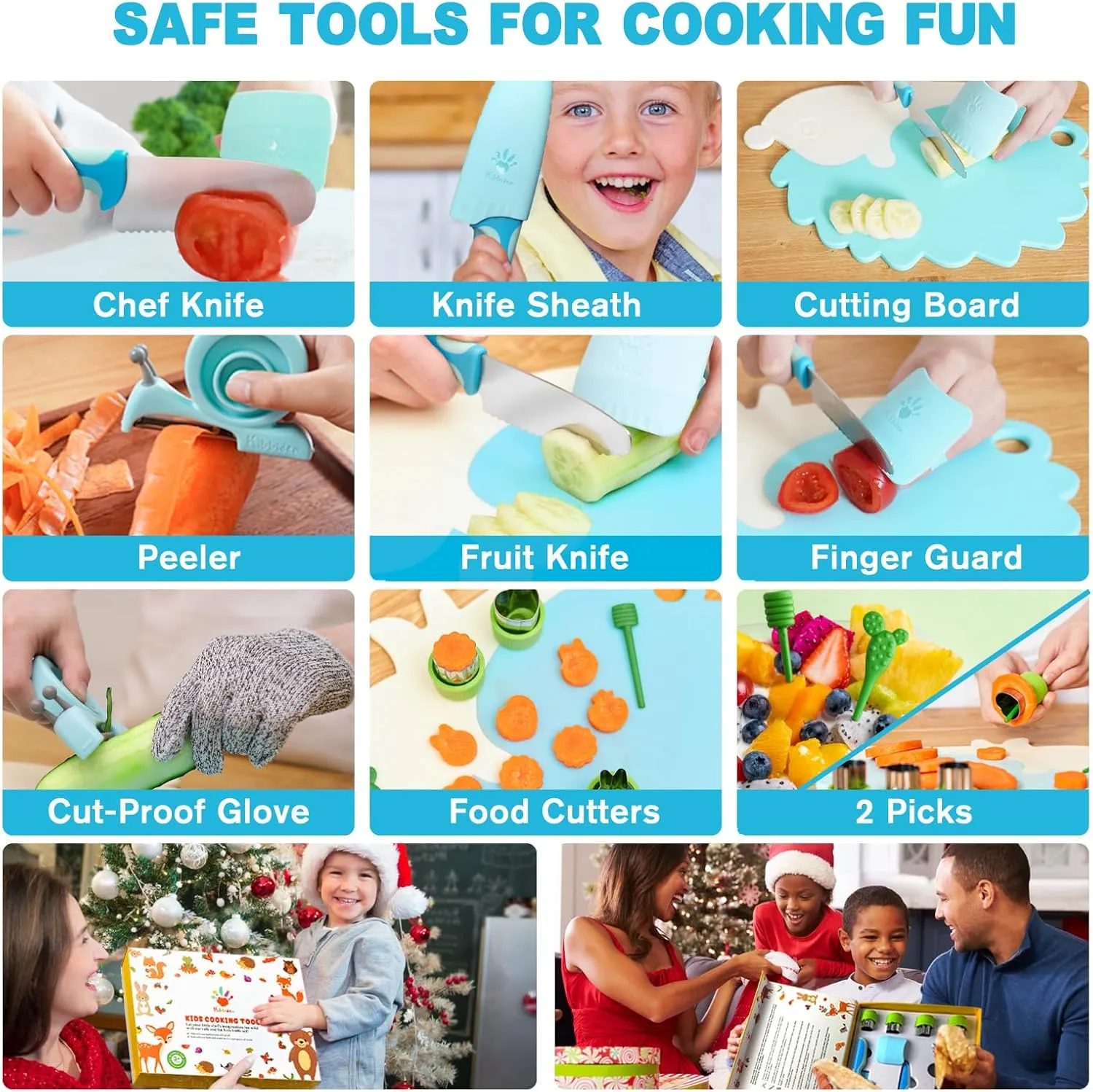 Set$ Kids Cooking Sets Real with Cutting Board$ Peeler$ Serrated Edges Stainless Steel Toddler Safe Knife$ Sandwich Cutter (Blue) aqueduct fungal vice 13 Pcs Kids Kitchen Knife 