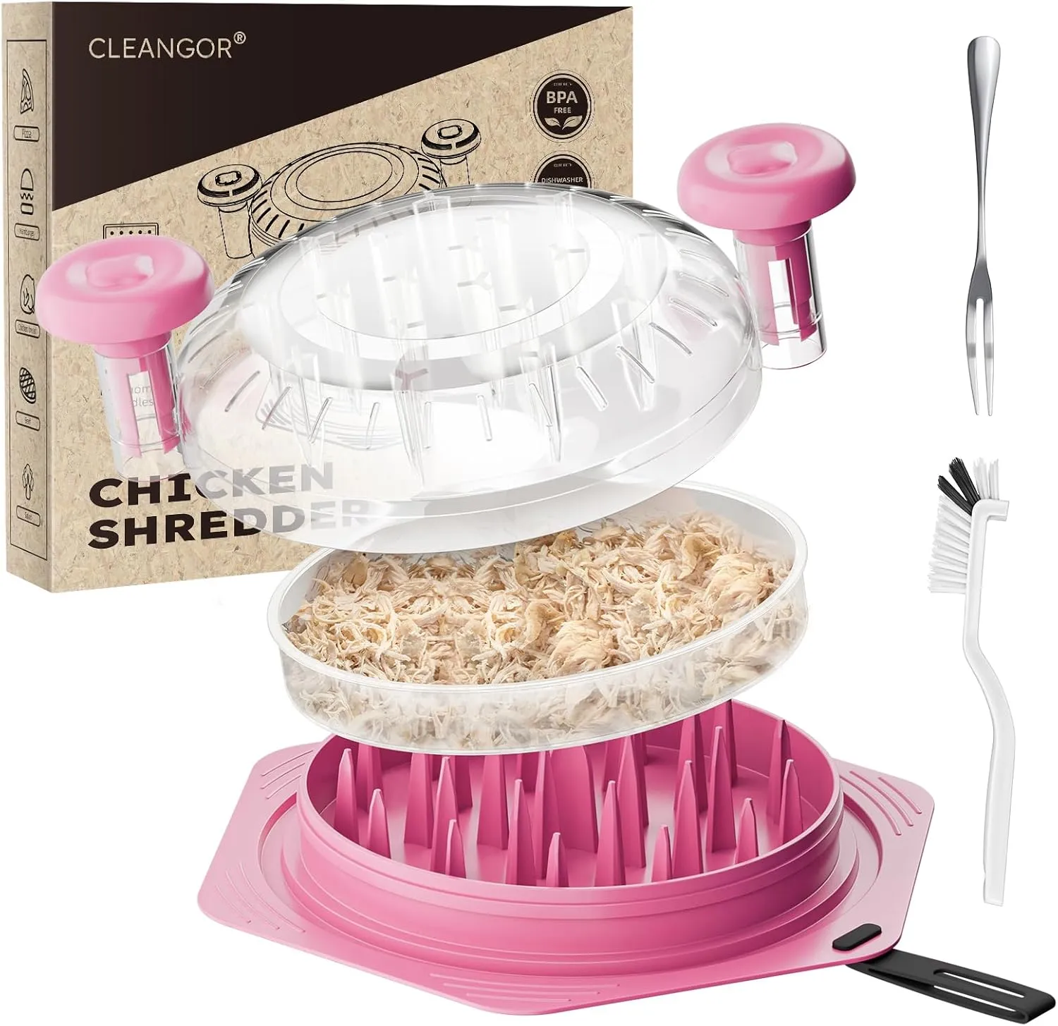 Set of Chicken Breast Shredder with modify spontaneity bear Brush & Fork (1$ Pink) Chicken Shredder Tool Twist Large$ BPA Free Meat Shredder with Ergonomic Handle$ Non-Slip Food Shredder Tool for Pork$ Beef$ 