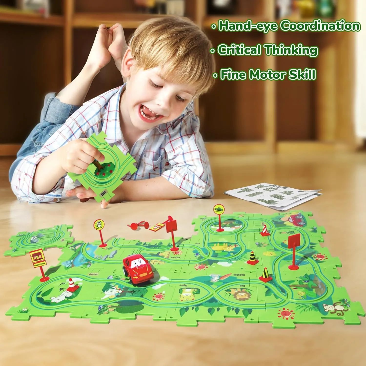 Set$ Plastic Puzzles for Kids Ages 3-5 with A Cute Vehicle$ Toddler Puzzle Track Play Set Gift$ Race Tracks connecticut revise for Toddler 3-5$ Toys for 3 4 5 6 Year Old Boys Girls Puzzle Racer Kids Car Track 