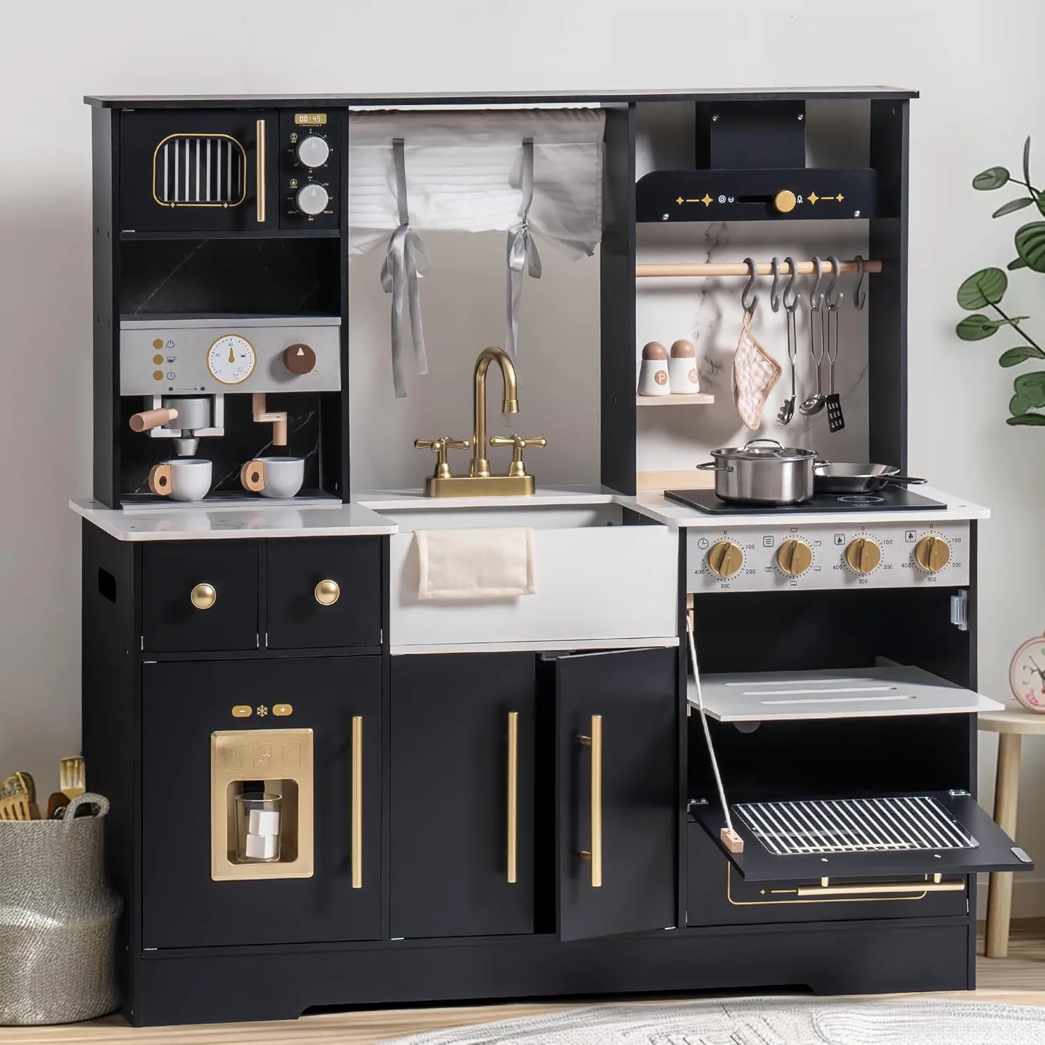 Set with Ice Maker and Coffee Machine, Realistic Toddler Kitchen Set, Gift ancestral auspicious project something implicate for Girls Boys Ages 3  ROBOTIME Wooden Play Kitchen for Toddlers and Kids, Toy Kitchen 