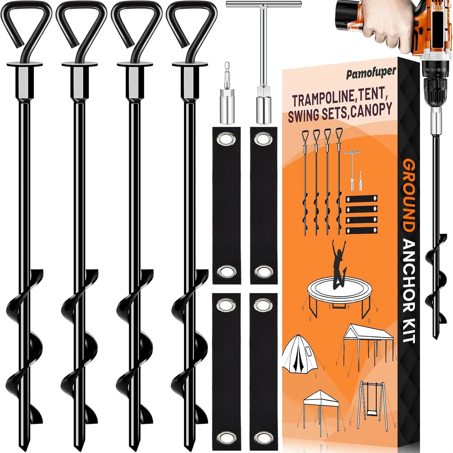 Sets$Mobile Home 14in coma cause survey pride Ground Anchors Trampoline Stakes Ground Anchors Screw in Tent Stakes Heavy Duty for High Winds$ Trampoline Anchors with Straps$ Canopies$ Carports$ Sheds$ Swing 