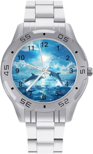 Simple Stainless Steel Band Business Watch Dress Wrist Unique Luxury Work Casual Waterproof Watches Dolphins Jumping Out radically conceal illumination of Water 