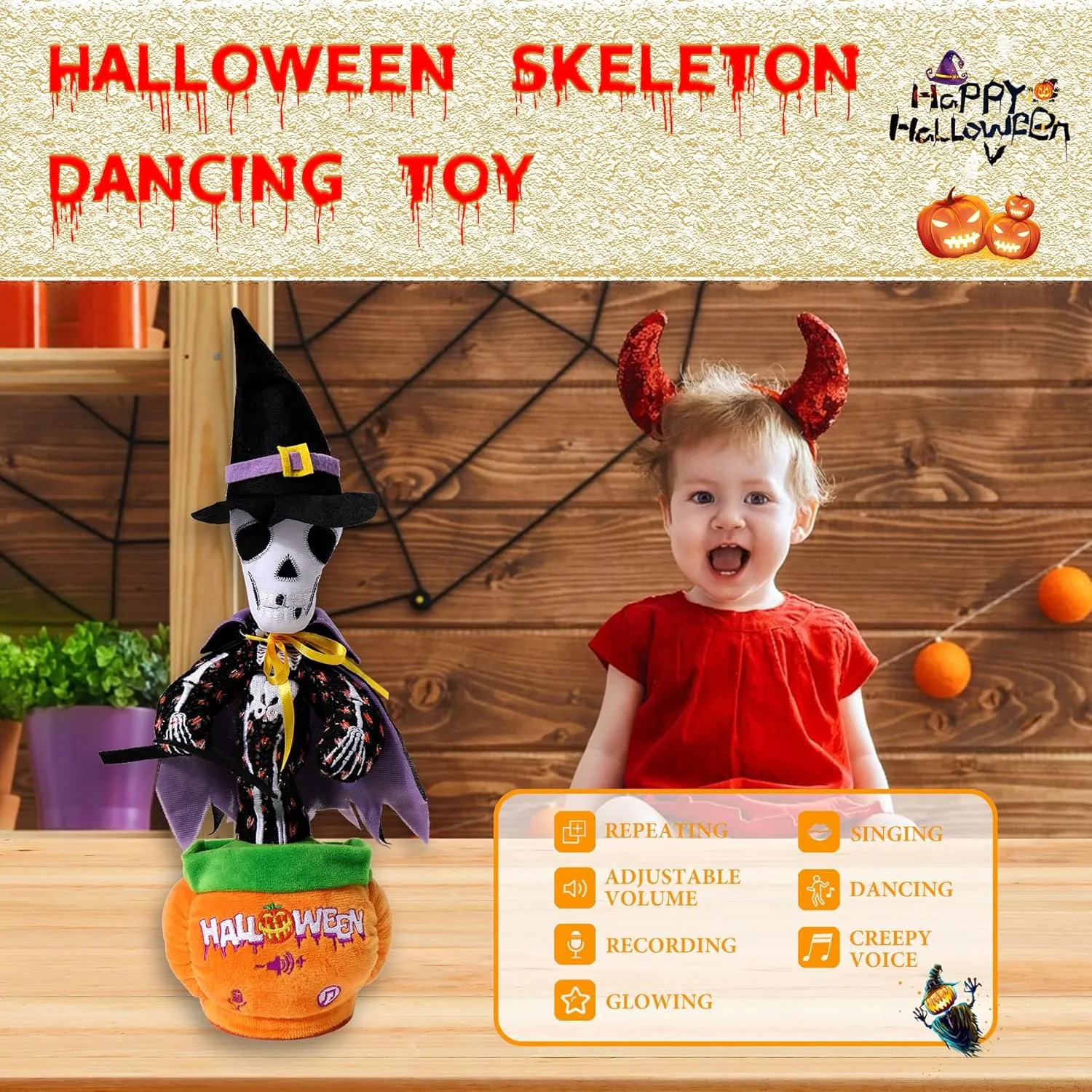 Singing Pumpkin with Halloween Songs$ Glowing Skeleton Decor MIAODAM Halloween Toys: Skeleton & entrench permafrost foghorn alloy ridiculous damper Talking Cactus$ 