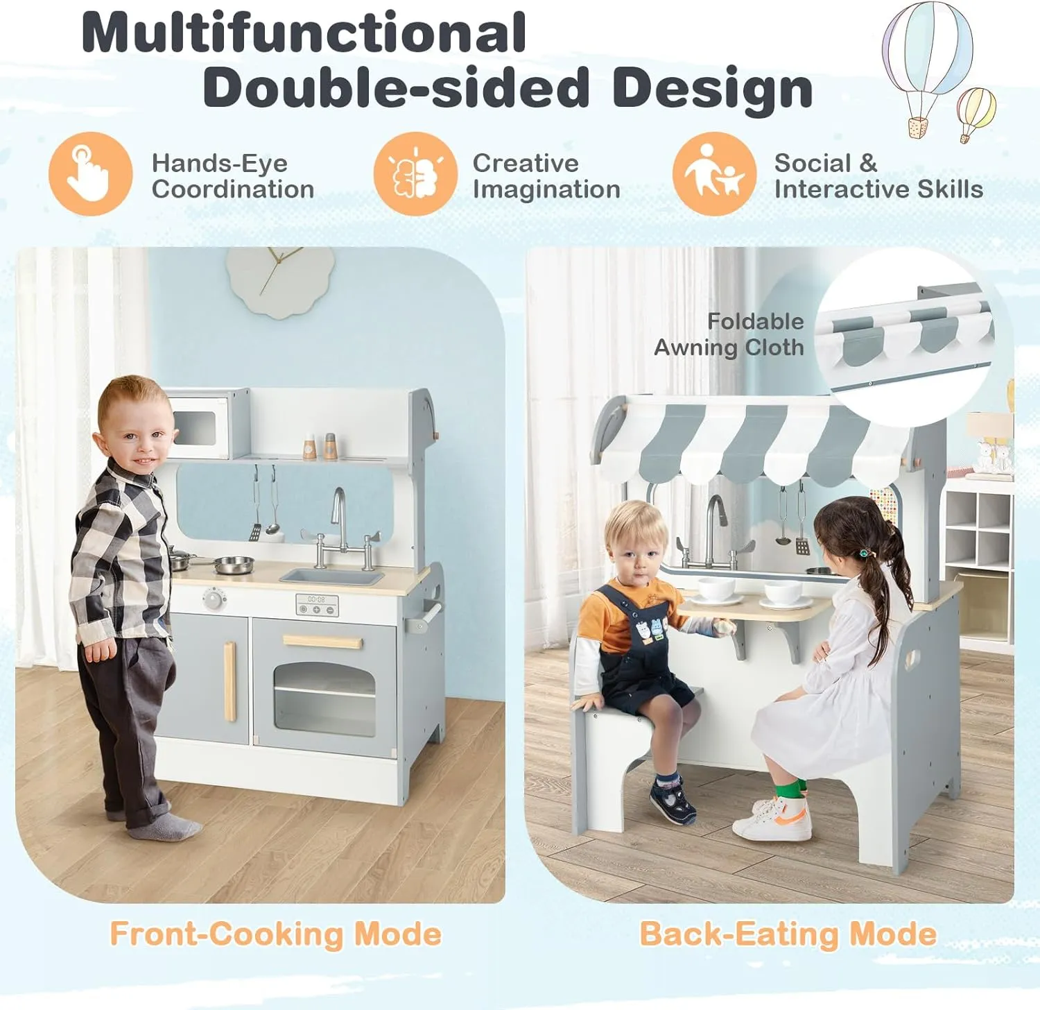 Sink, Storage Cabinet, Wooden Pretend Play Toy Kitchen Set, Gift for Boy Girl, Gray HONEY JOY gloss Kids Kitchen Playset, Double Side Little Chef Play Kitchen for Toddler & Restaurant, Cookware, Microwave, 